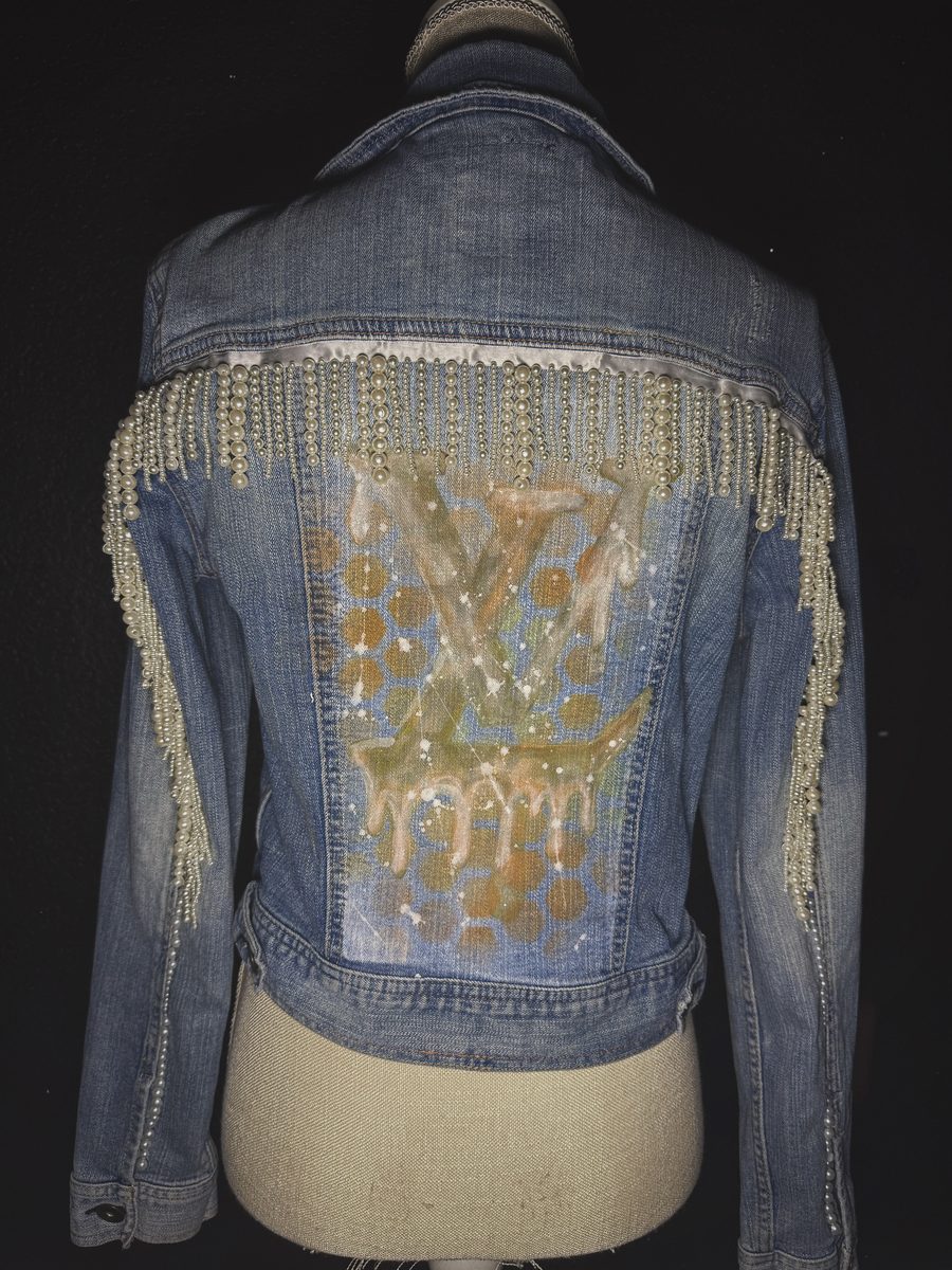 Pearl Cascade hand-painted denim with pearl fringe